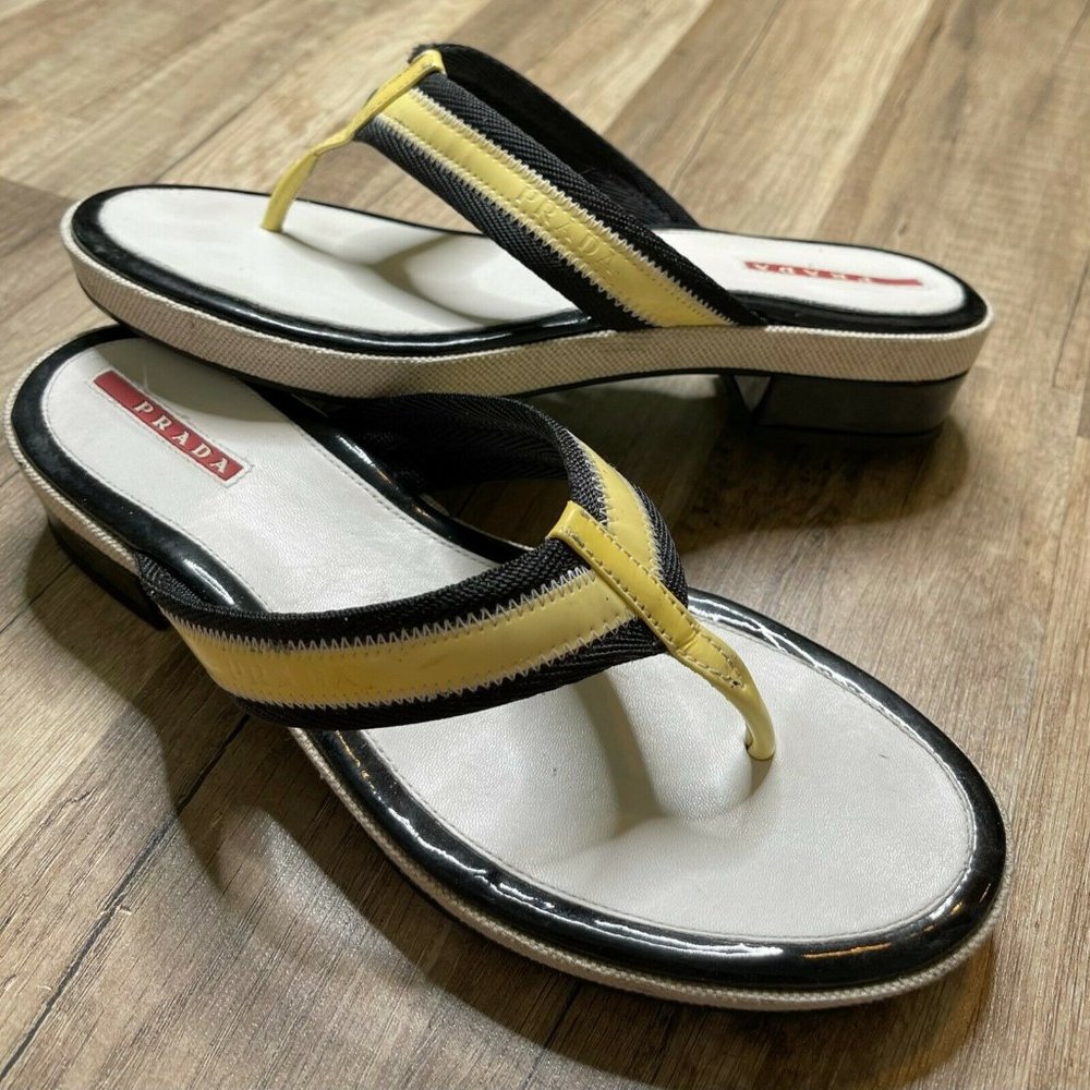 Prada Womens Yellow White Slip On Block Heel Flip Flop Sandal Size US 8 EUR 38.5